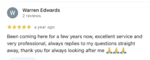Google review describing years of professional service and clear answers